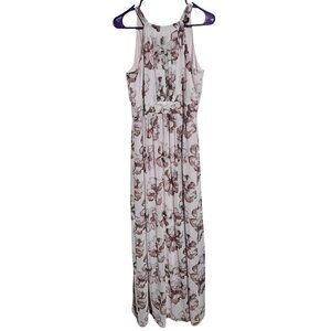 Floral Sleeveless Maxi Dress Bow Tie Neck Size Small Pink Lined Flowing